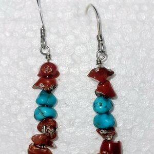 Turquoise and Red Stone Dangle Earrings